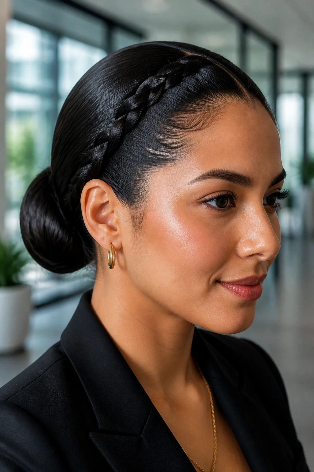 Close-up portrait of a real woman with braided headband and sleek bun hairstyle