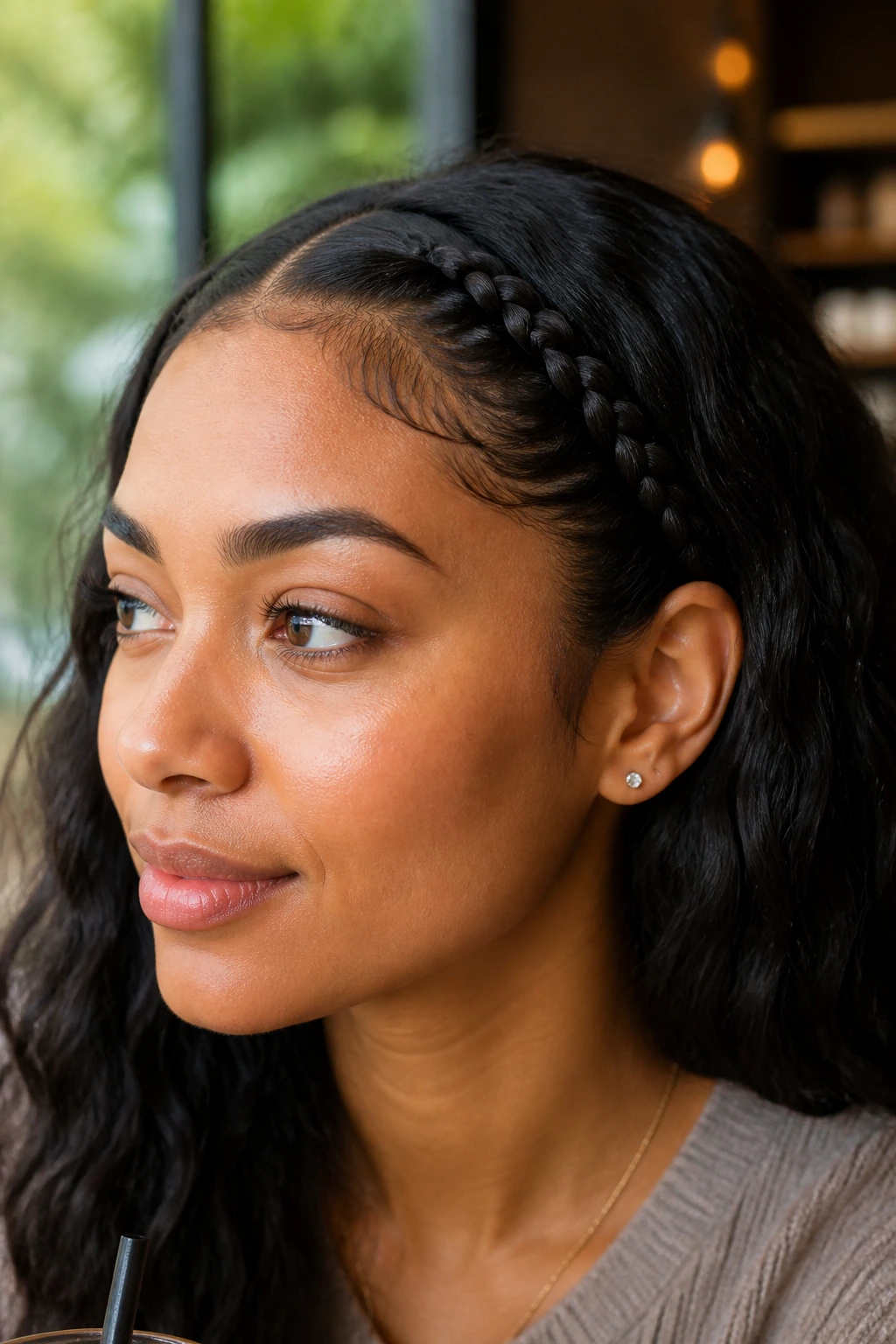 Close-up of a real woman with a braided headband along the hairline