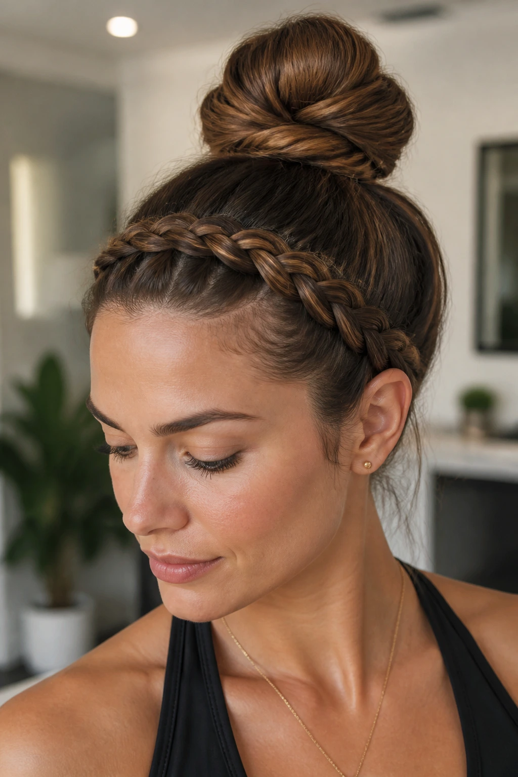 Close-up of a woman with a front braided headband and a top knot in a bright, modern setting.