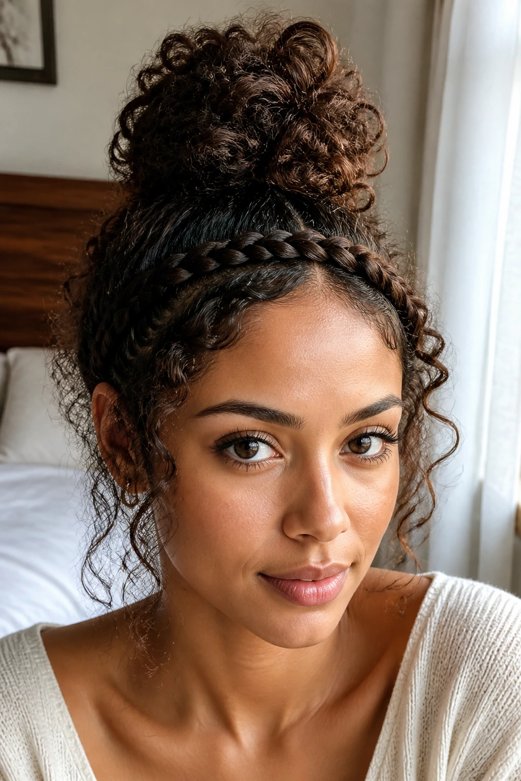Close-up of real woman with braided headband and top knot in natural window light