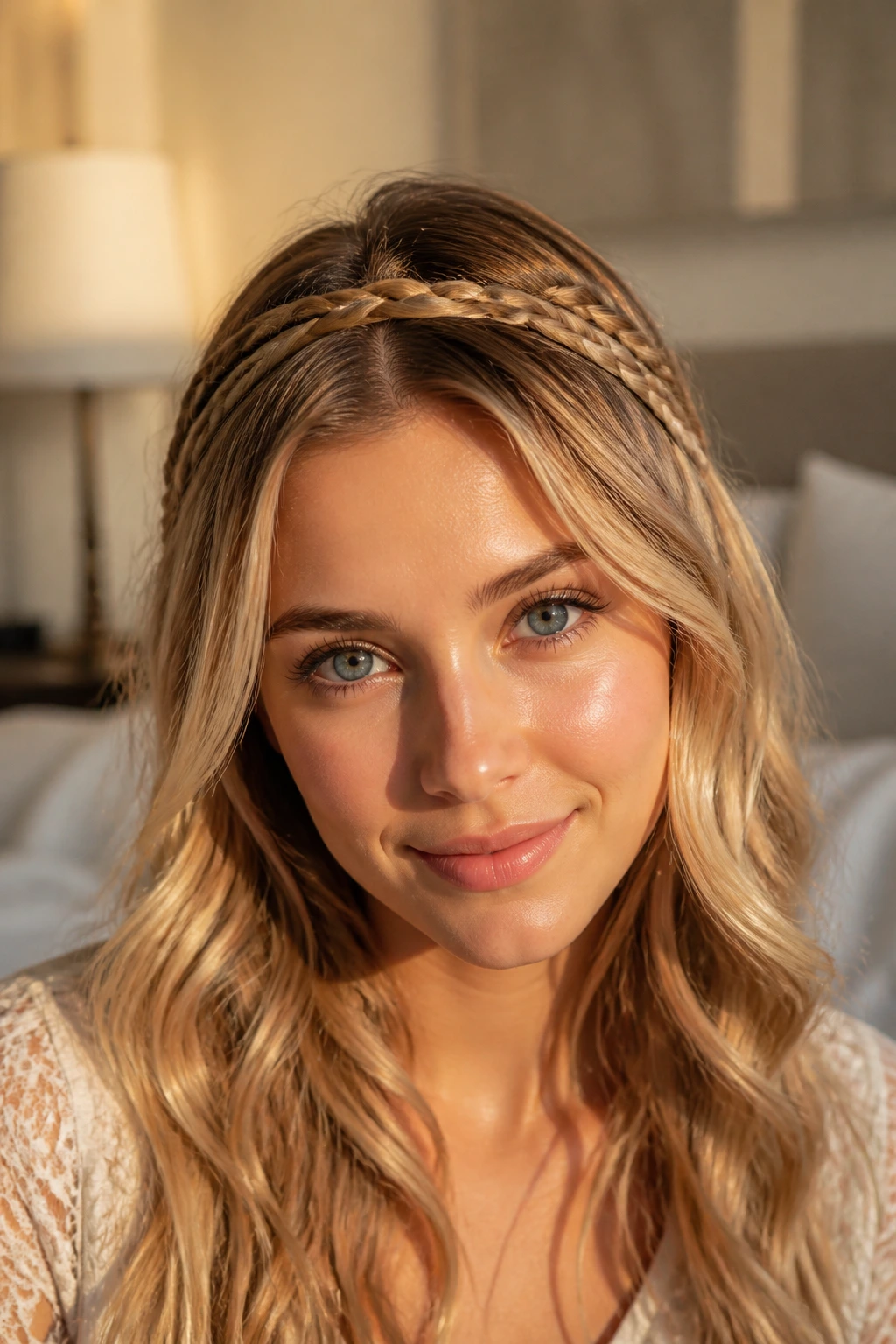 Front close-up of a woman with braids forming a headband across the crown