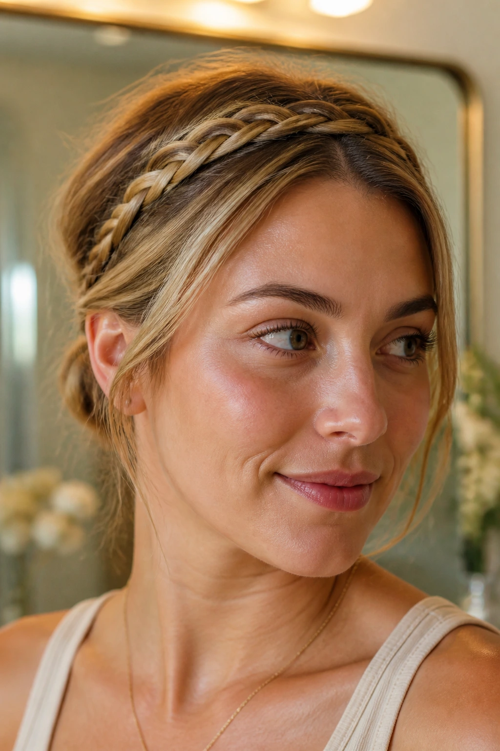 Close-up of a real woman with braided headband tuck framing the head