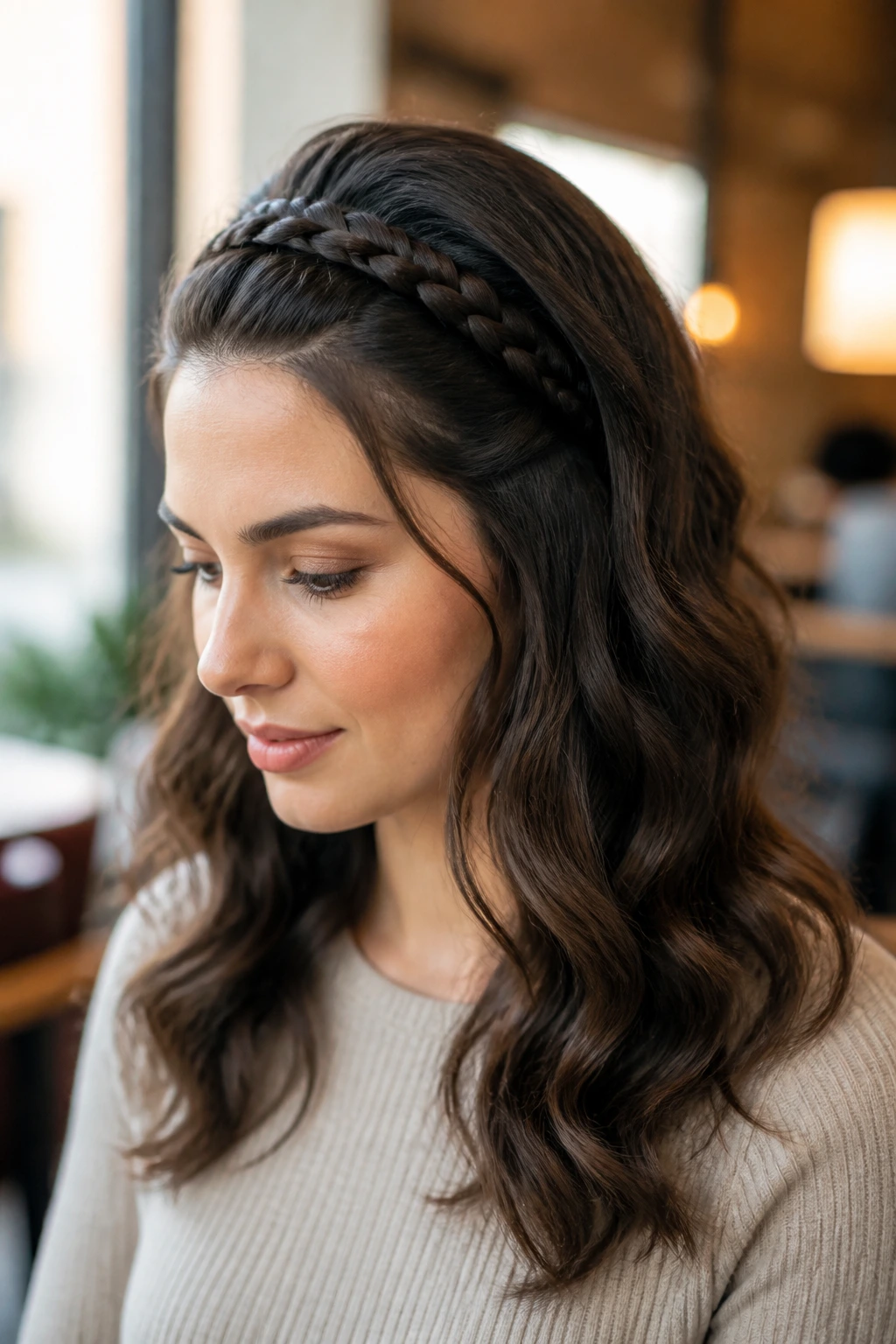 Close-up portrait of a woman with a braided headband and loose natural waves in a cozy office lounge