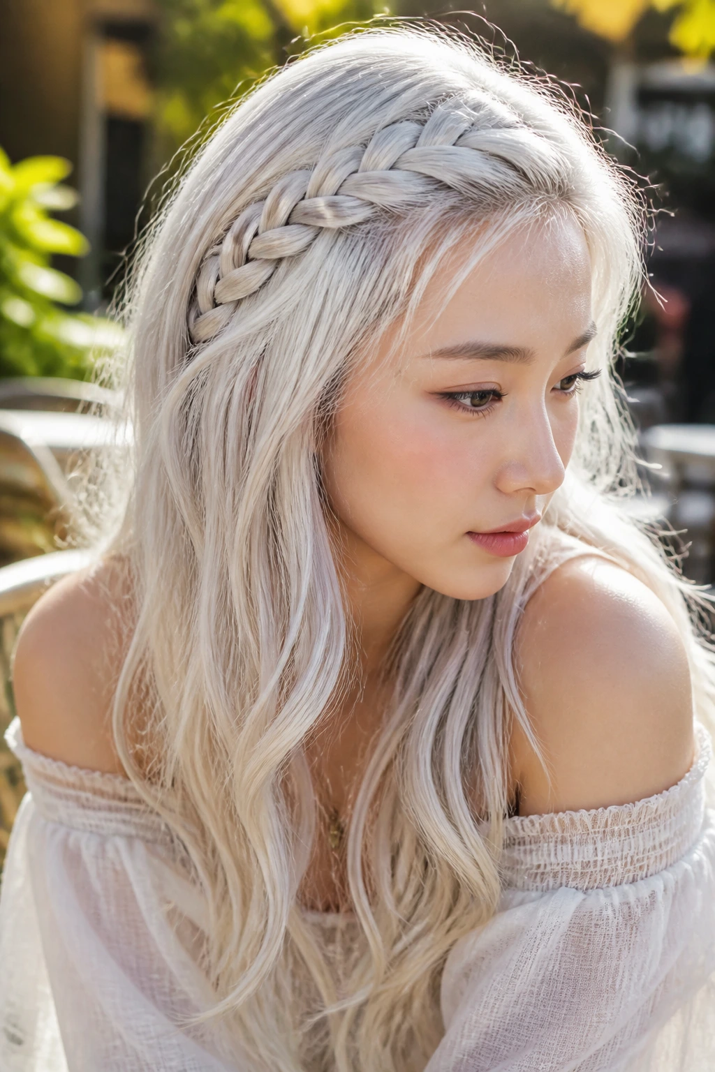 Close-up of a real person with a white hair side braid forming a headband in sunlit setting