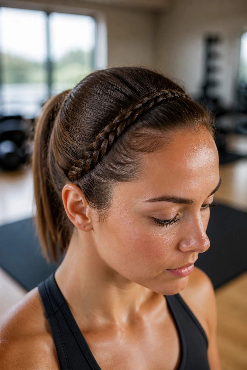 Close-up of braided headband on a real woman during a workout