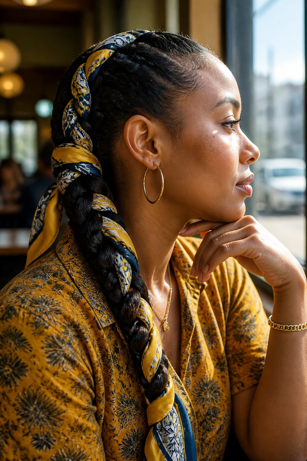 Close-up of a real person with a braided headscarf woven into the braid.