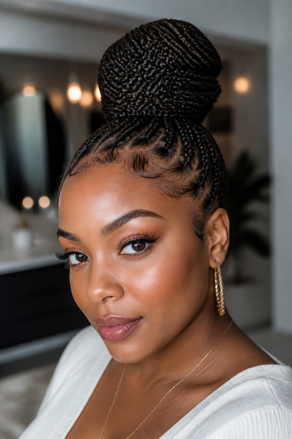Real woman with braided high bun at crown