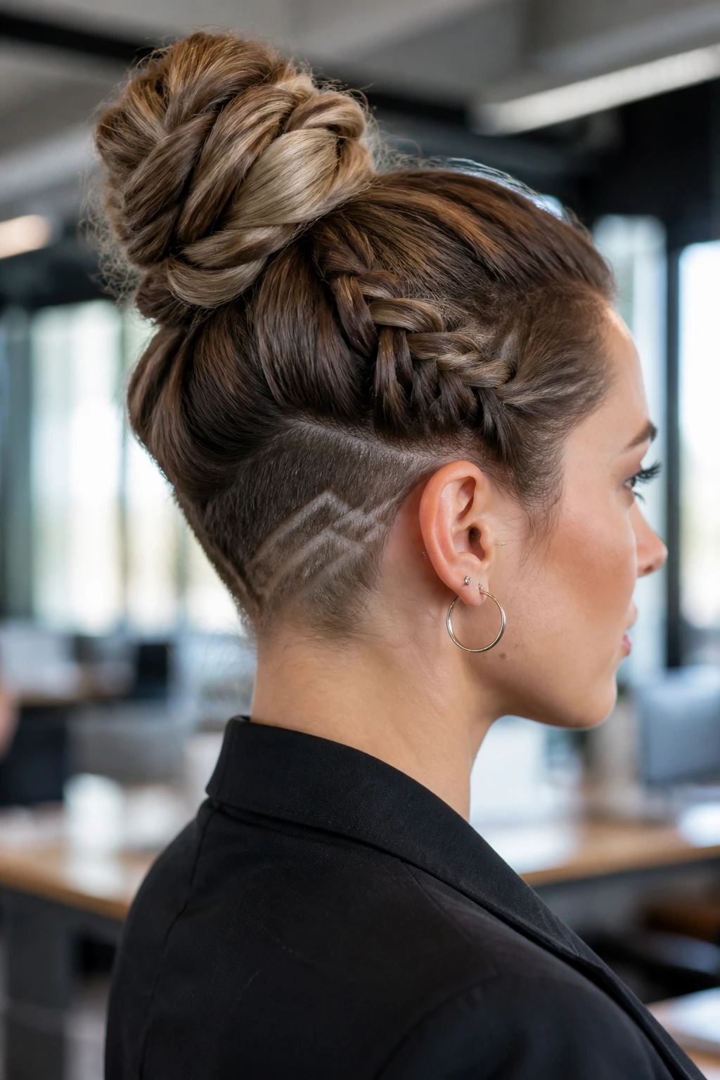 Close-up of a person with braided high bun revealing undercut detail in an office setting