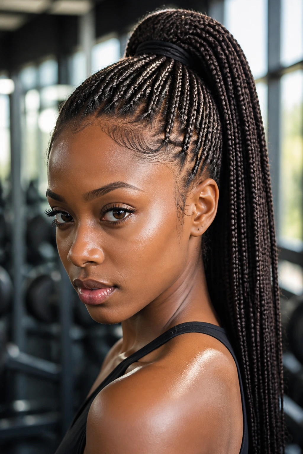 Real woman with high braided ponytail in gym setting