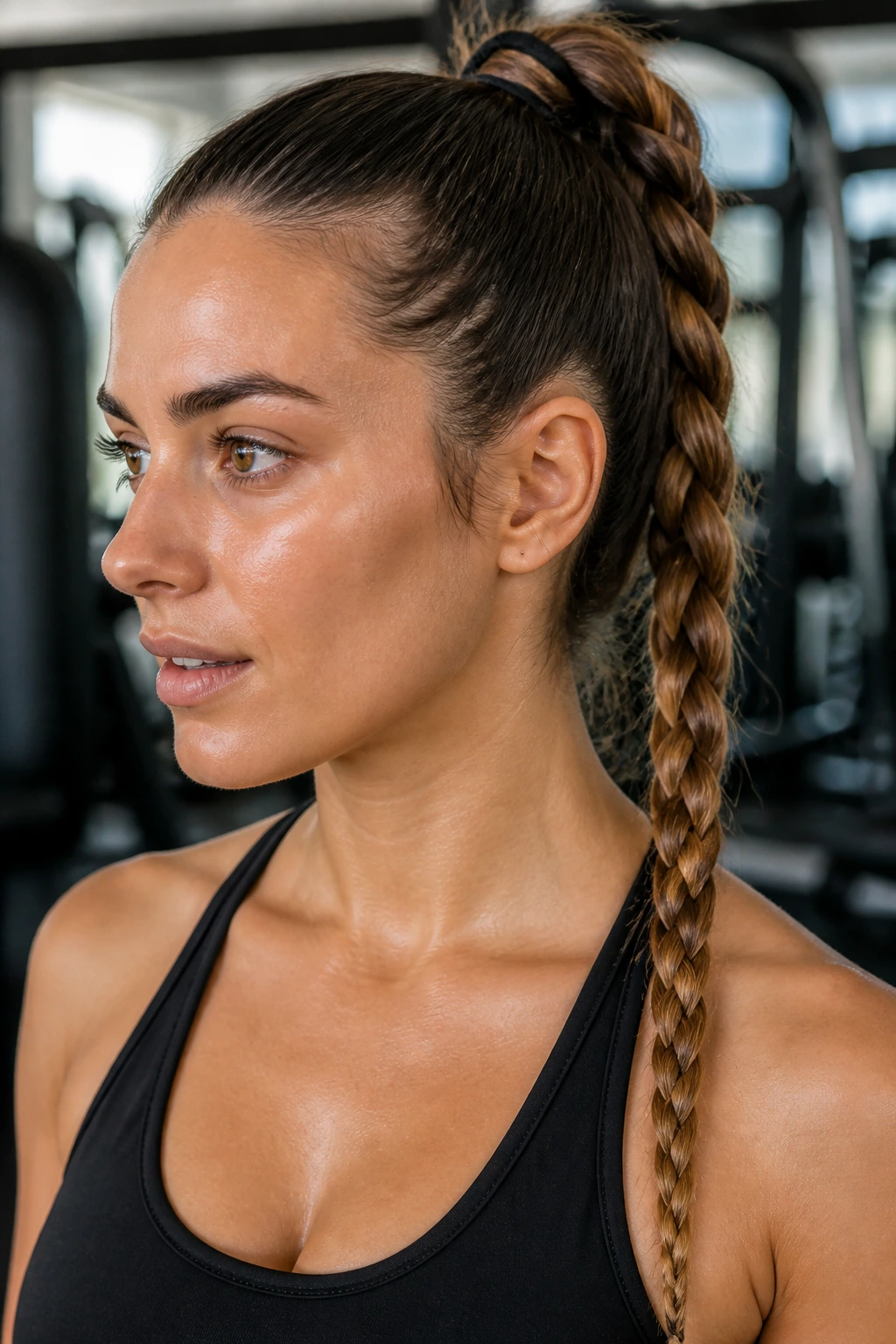 Real woman with braided high ponytail in workout setting