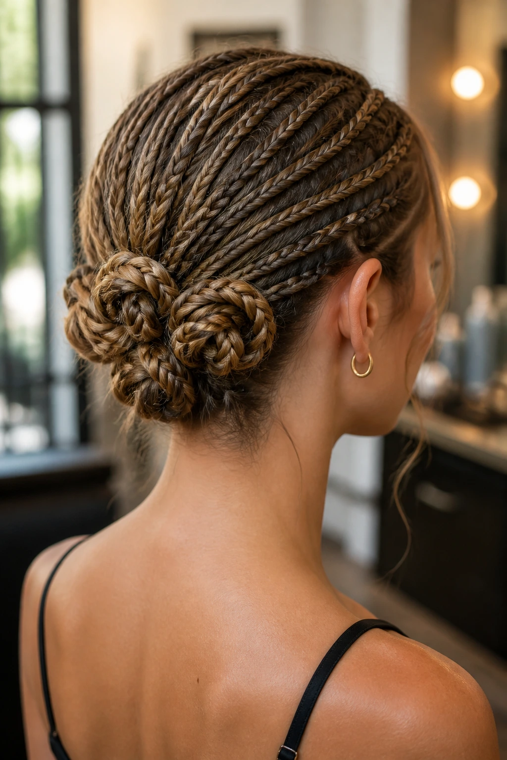 Back view of a braided knot updo on a real person