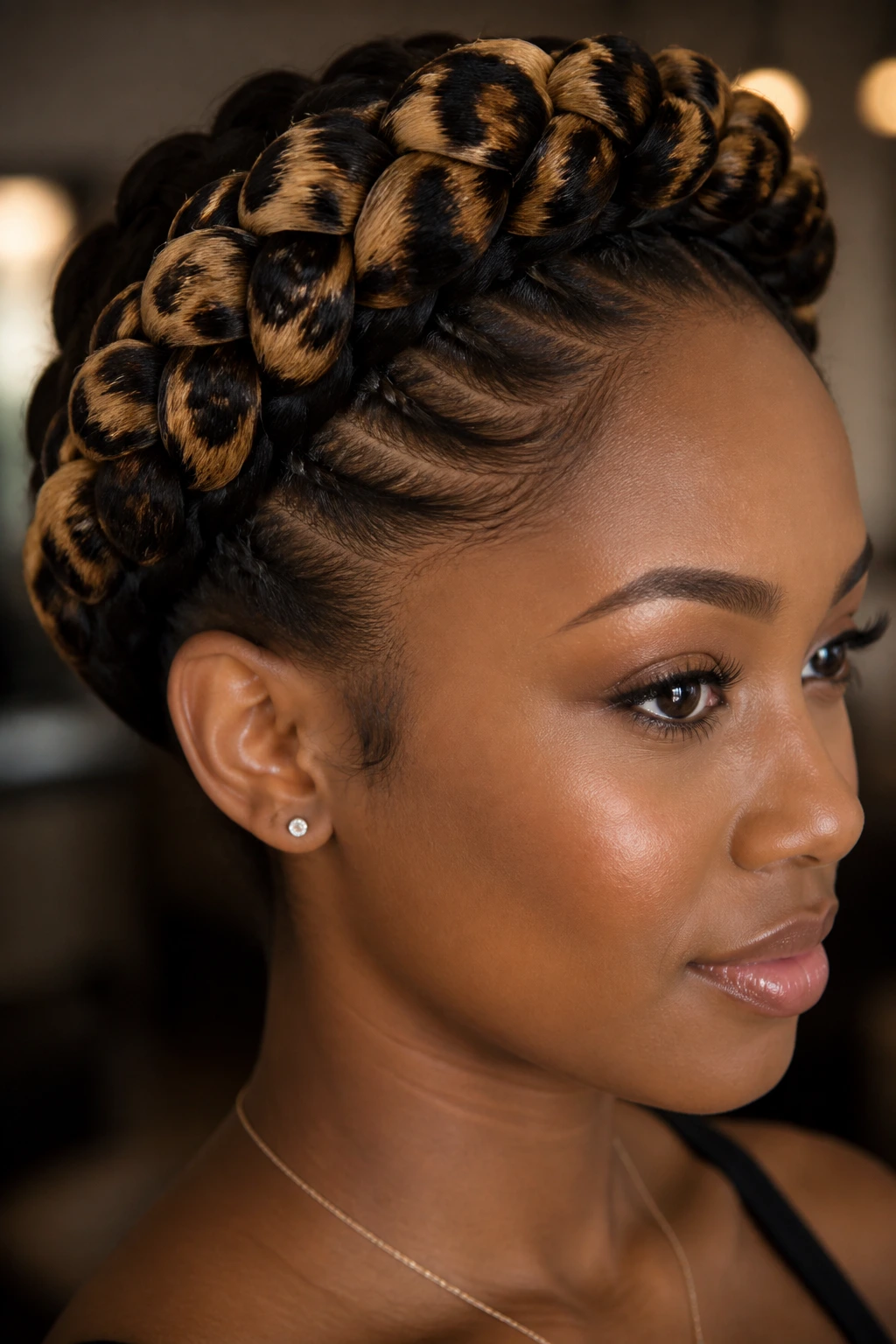 Close-up of real person with leopard spotted braid crown around the head