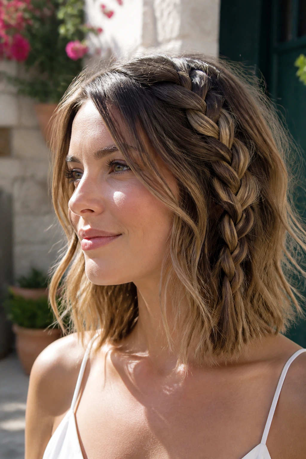 Portrait of a woman with a loose chunky side braid on a lob hairstyle