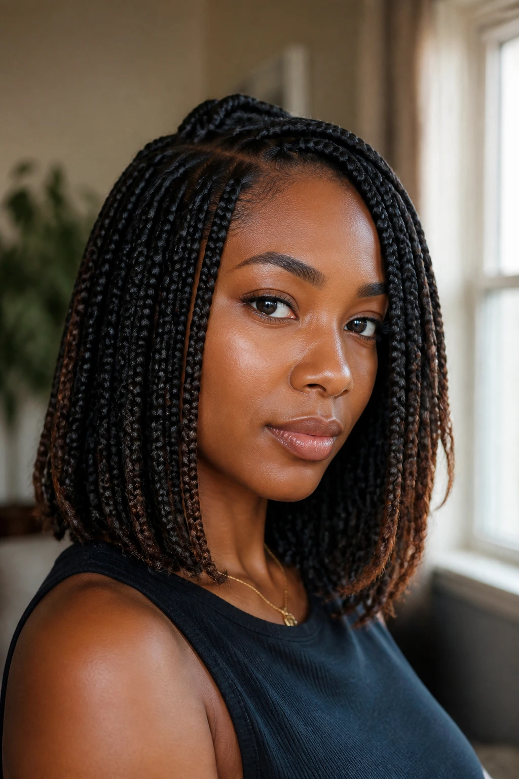 Portrait of real person with shoulder-length braids forming a lob