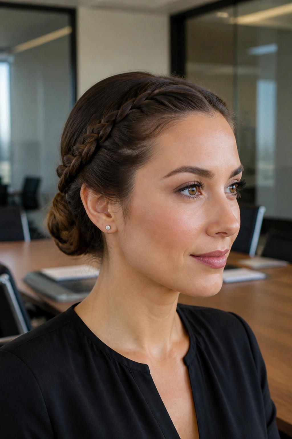 Close-up of a real woman with a braided low bun in a conference room