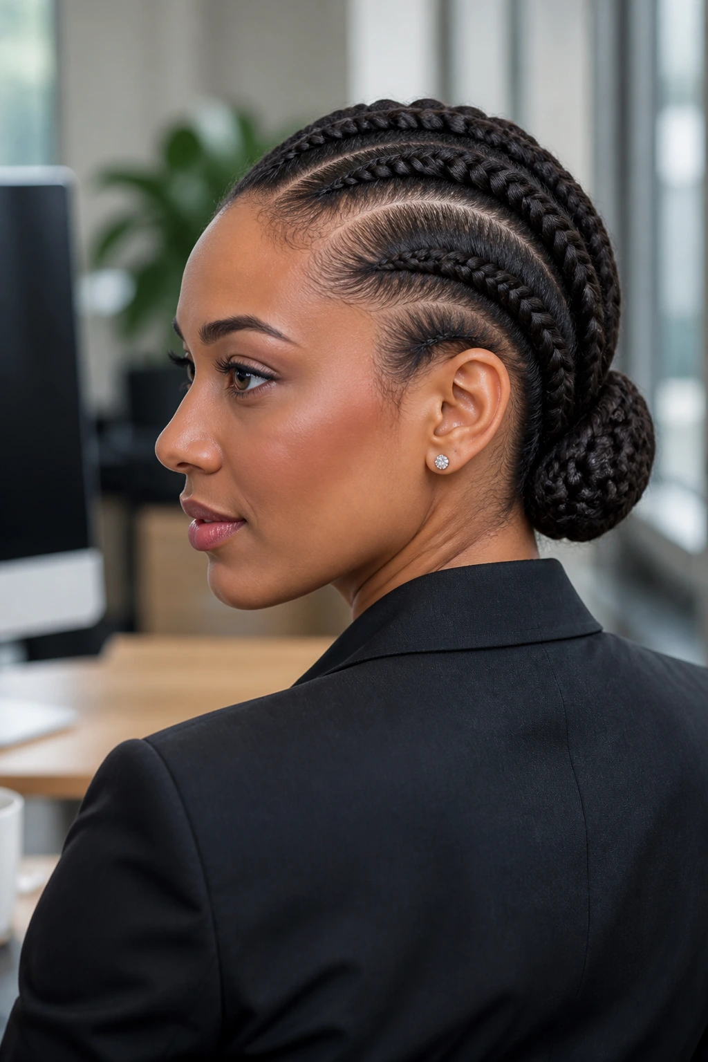 Close-up of a woman with a braided low chignon in an office setting