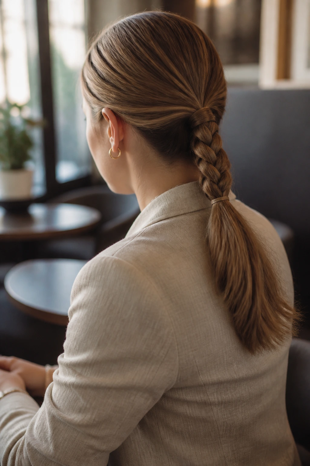 Woman with braided low ponytail and minimalist elastic in cafe setting