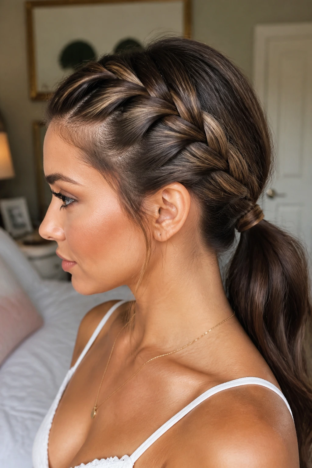 Close-up of a real woman with a French braid into a low ponytail in soft natural light