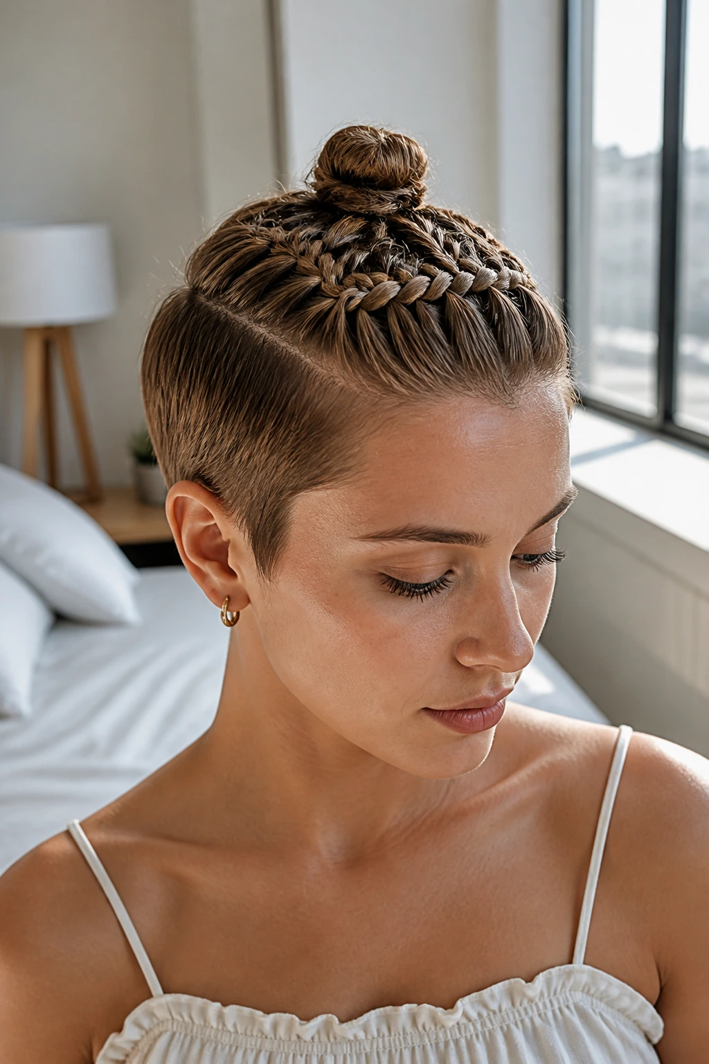Close-up of a real person with a tiny crown bun and surrounding Dutch braid.