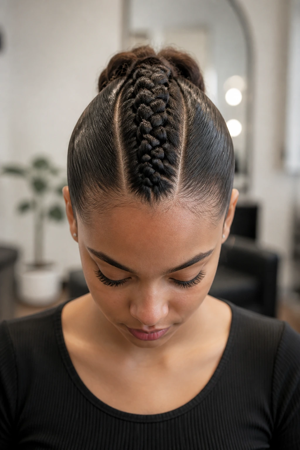 Close-up of a real person with a braided Mohawk hairstyle along the center