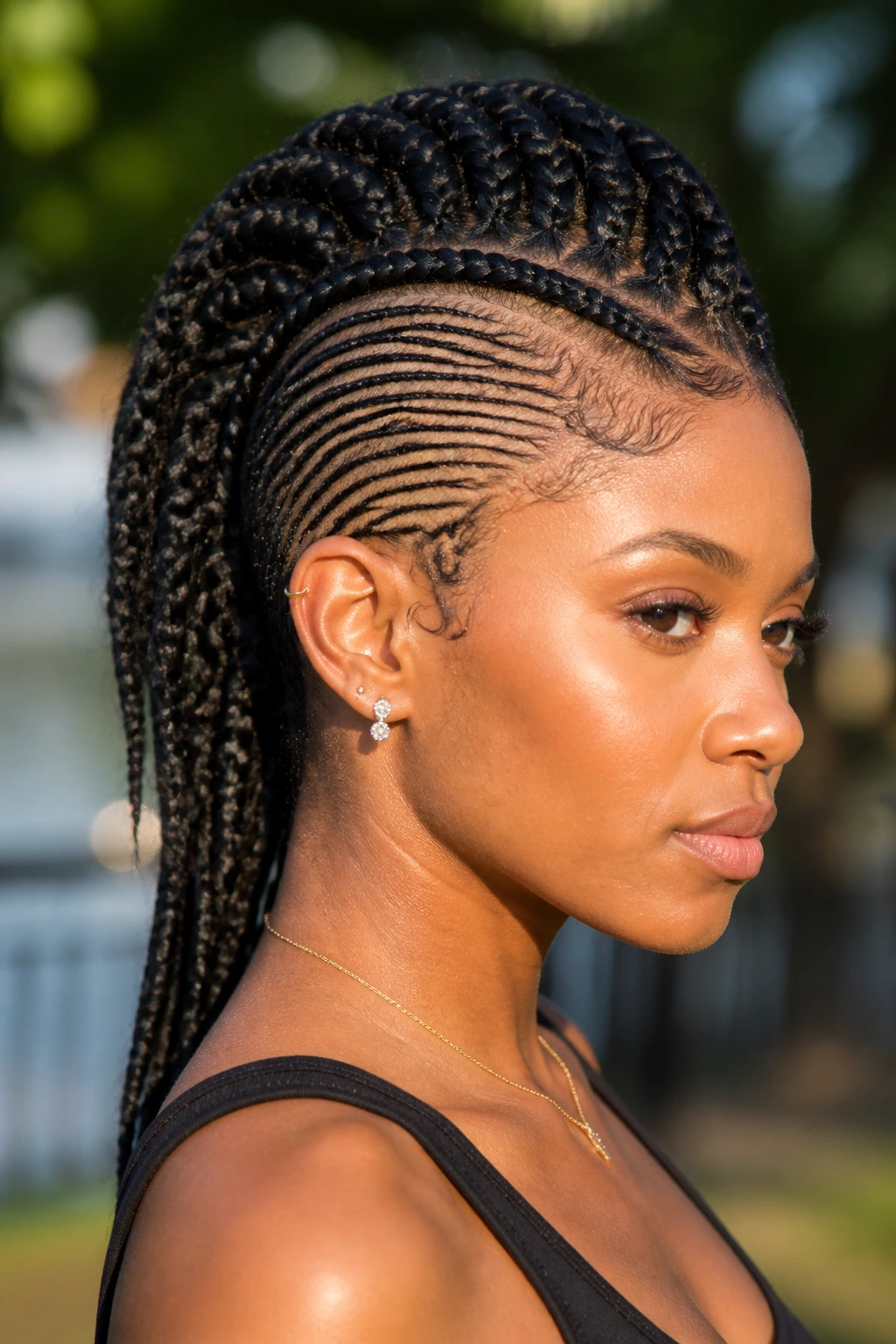 Close-up of a person with a braided Mohawk featuring large top cornrows and side micro-braids