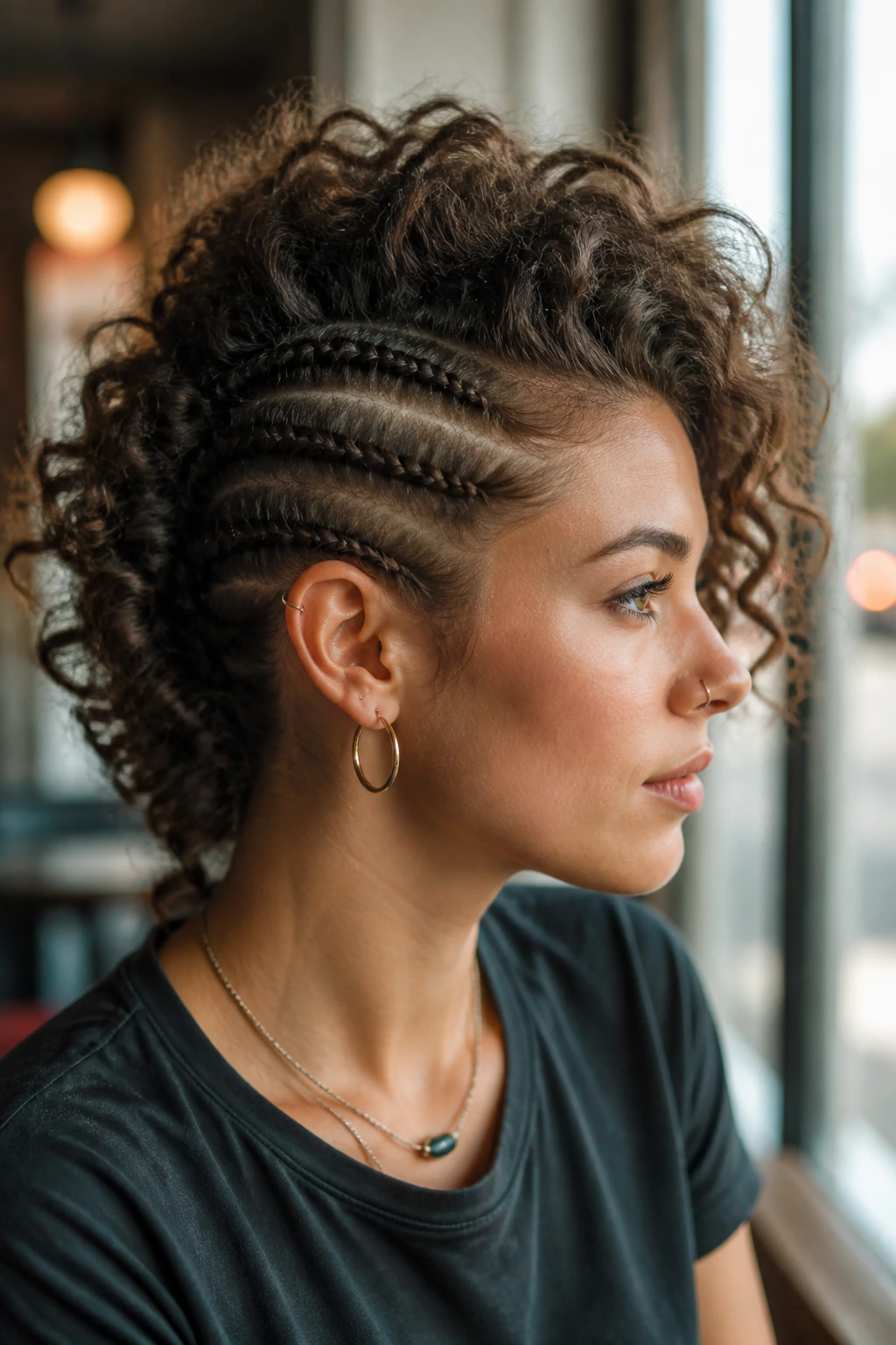 Close-up portrait of a real person with braided sides forming a mohawk in a cafe setting