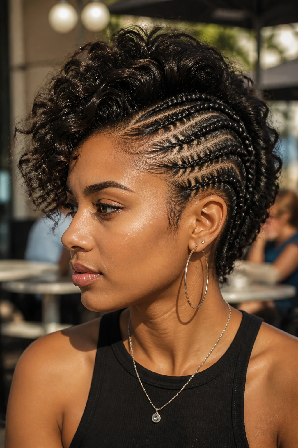 Close-up of a real person with braided side panels and central mohawk