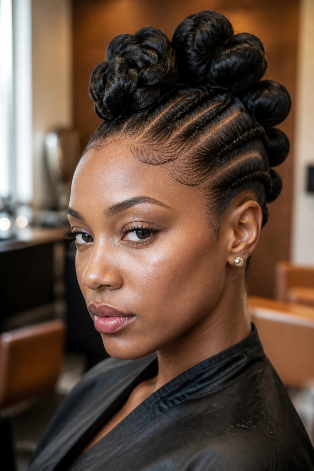 Close-up of a real woman with a dramatic braided Mohawk Updo in a salon setting