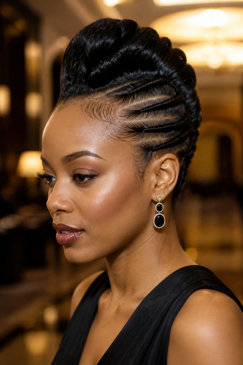 Close-up of a person with a braided mohawk updo