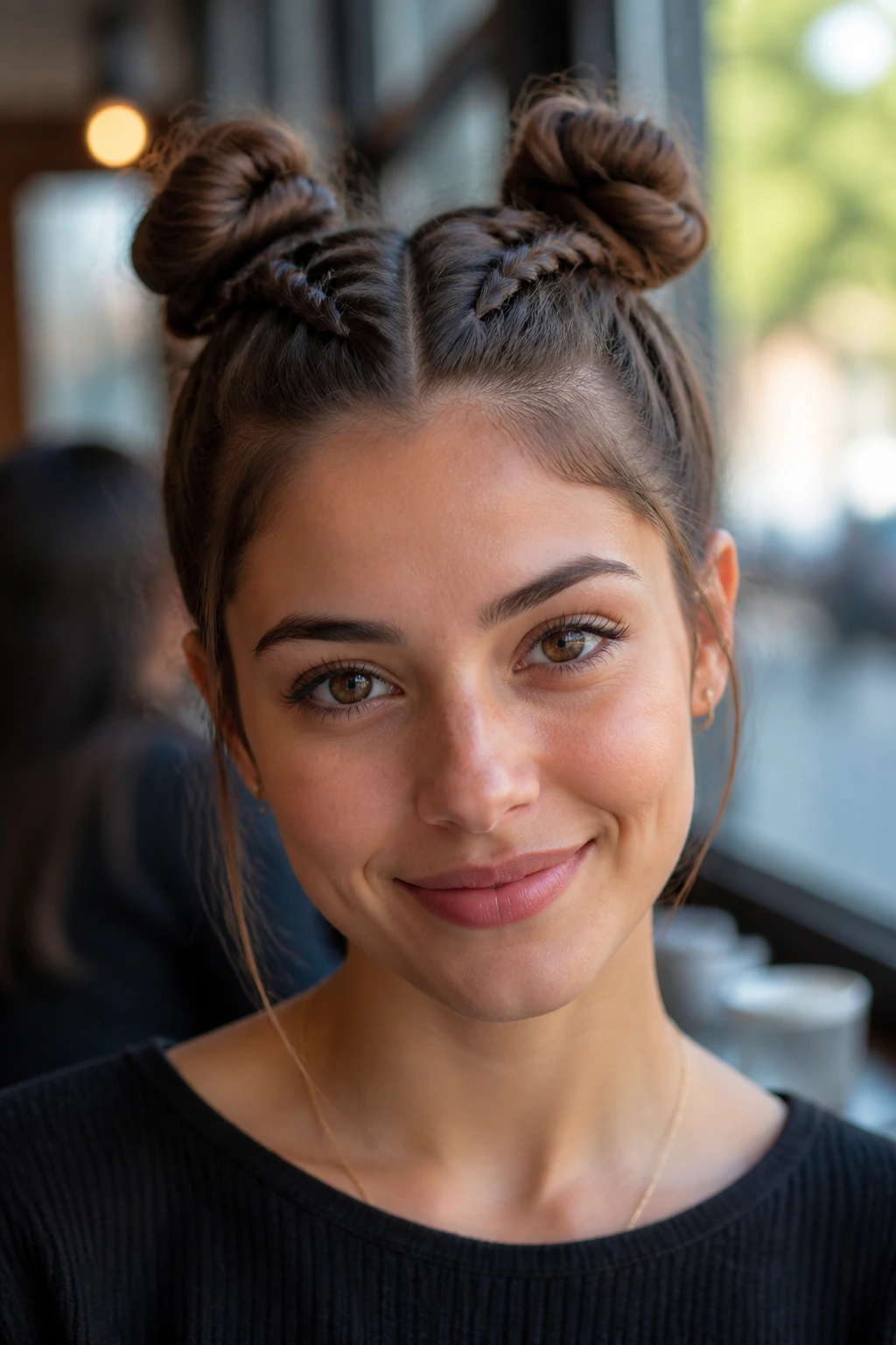 Real person with two high Dutch braids twisted into buns on top of head, portrait