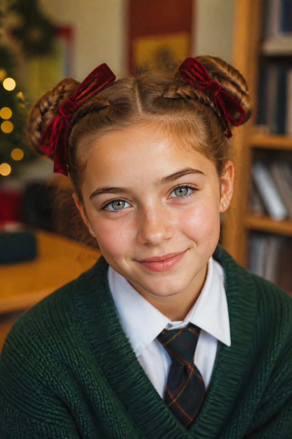 Two braided pigtail buns with velvet ribbons on a real student