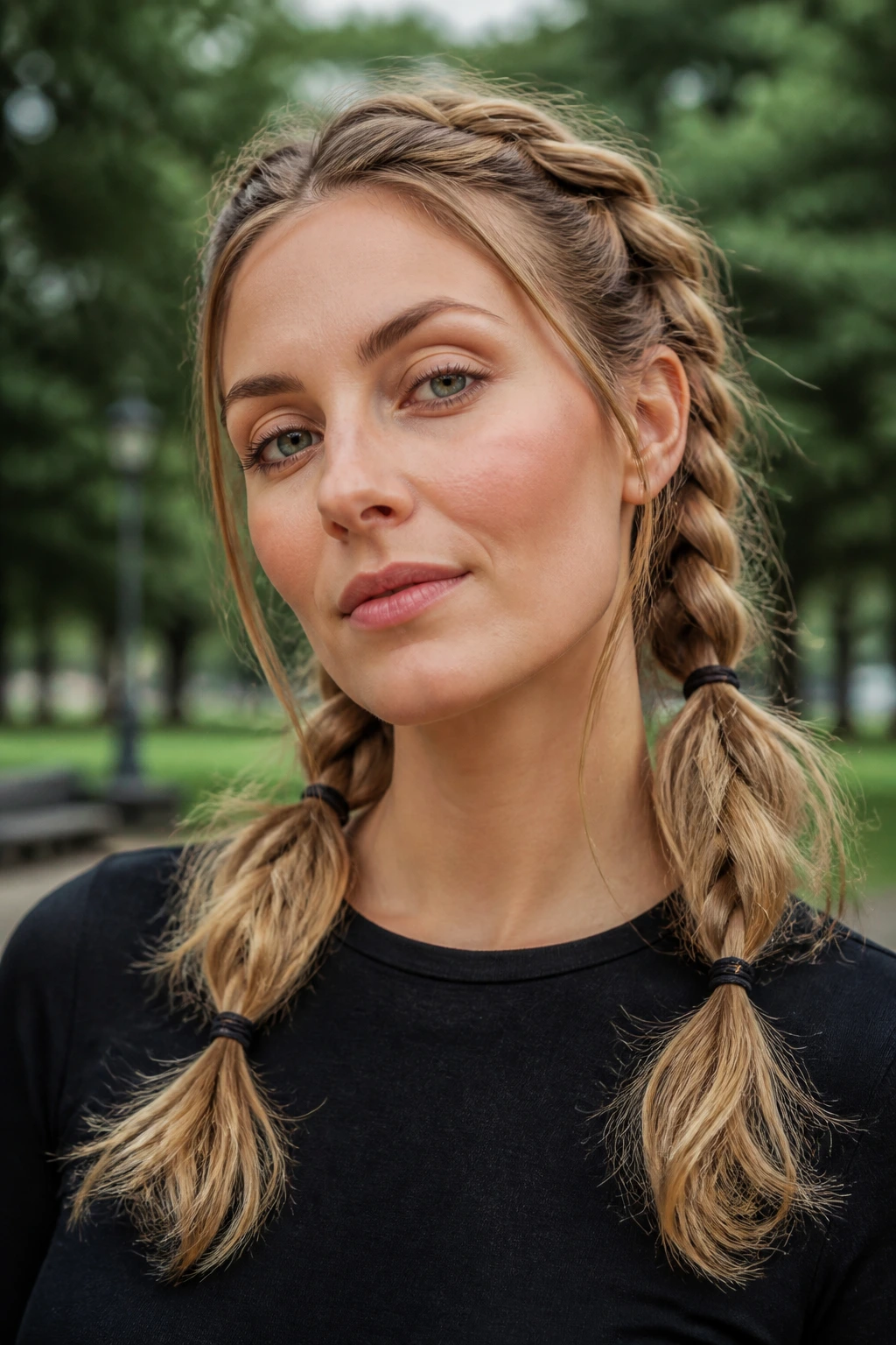 Close-up of a real woman with braided pigtails