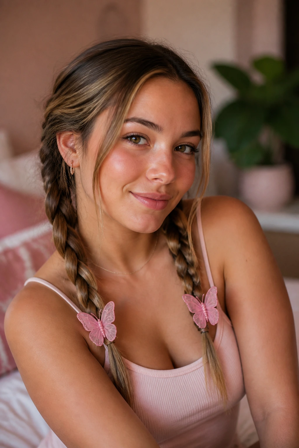 Close-up of two loose braids ending with pink butterfly clips