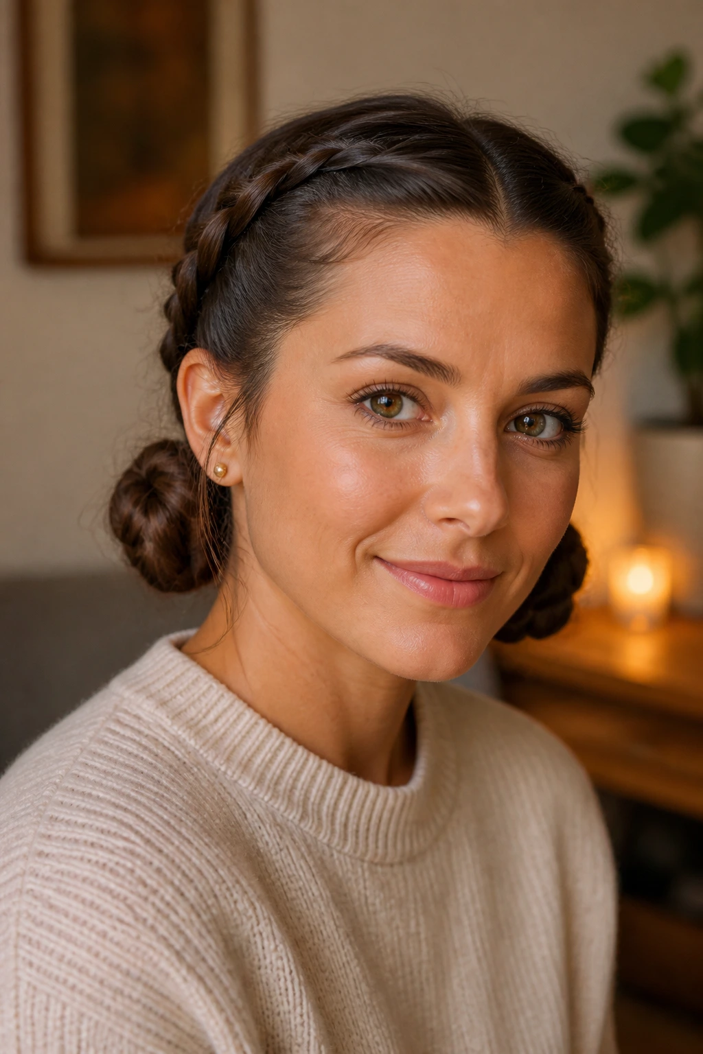 Close-up of real woman with braided pigtails formed into low buns