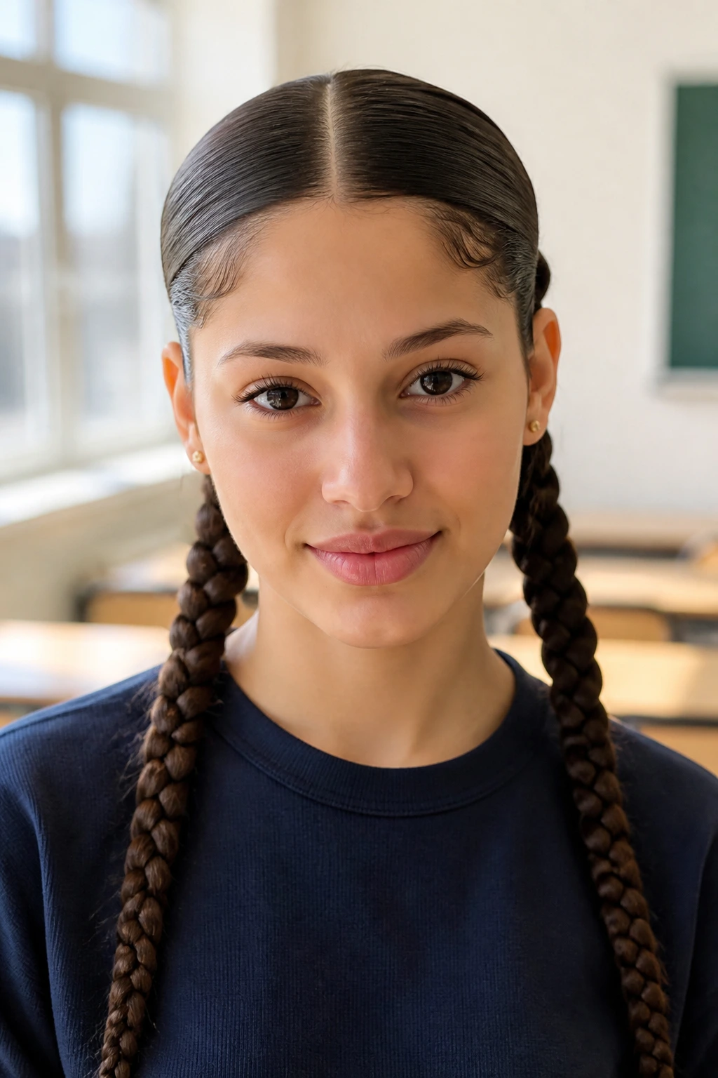 Front close-up of a real person with middle-parted braided pigtails.