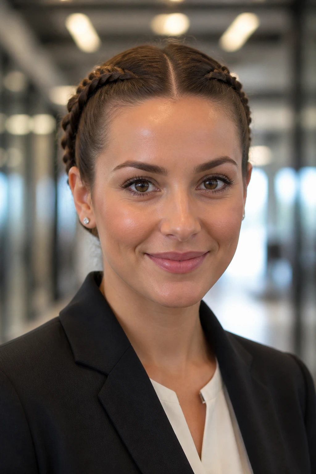 Close-up of a real woman with two tight braided pigtails pinned at the back in an office