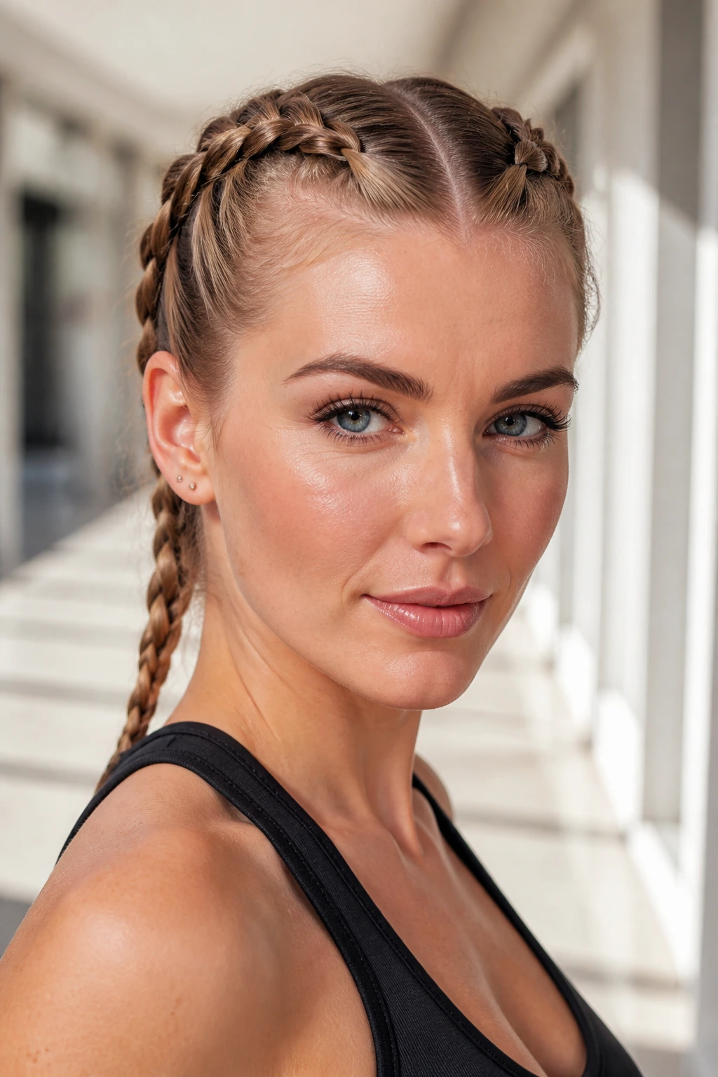 Close-up of two neat Dutch braids on a center-part short hairstyle in daylight