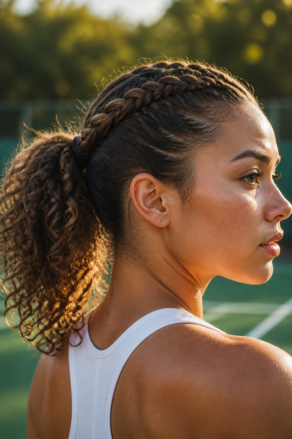 Close-up of a real person with a braided pony during workout