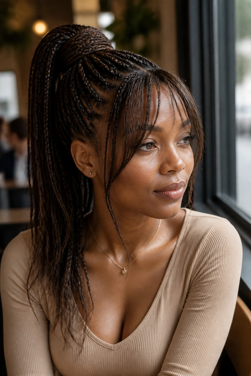Close-up of a woman with wrapped bangs and a braided ponytail.