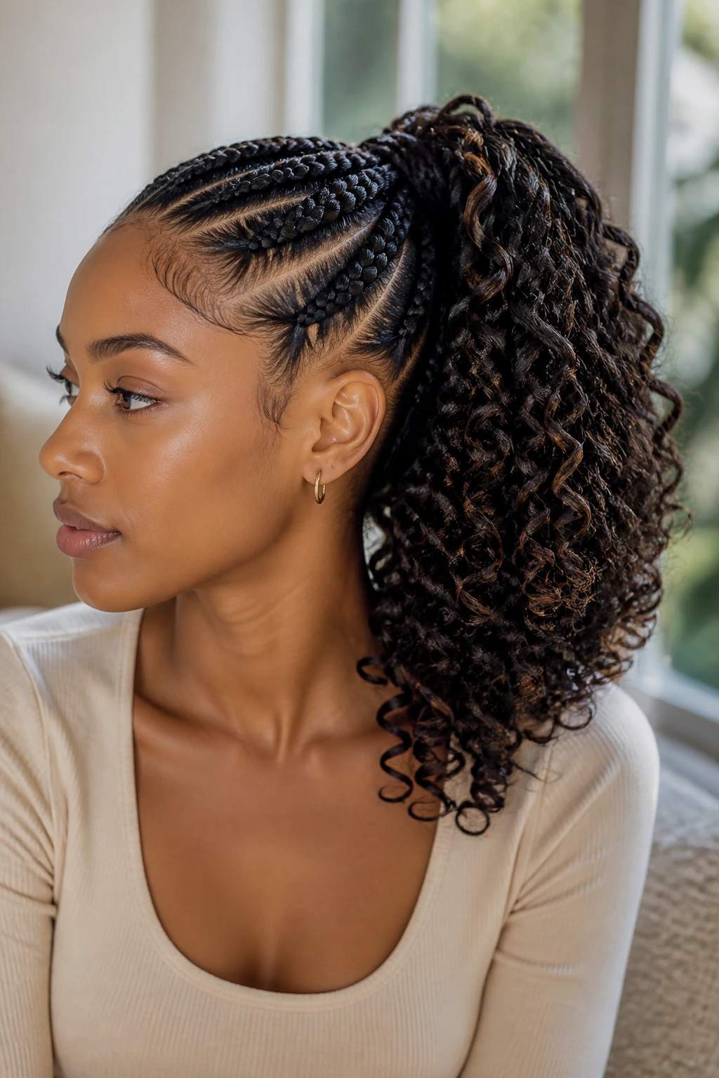 Close-up of a real woman with a braided ponytail and voluminous curls in natural window light