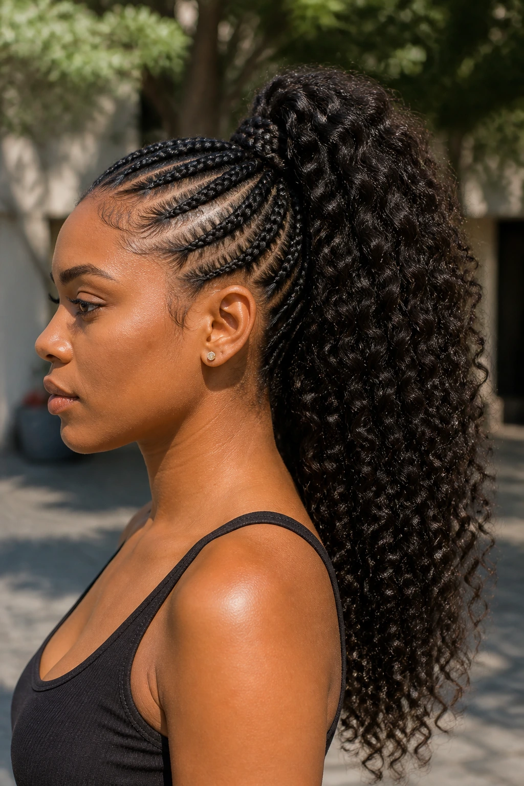 Profile close-up of a real woman with a braided cornrow base and a curly ponytail
