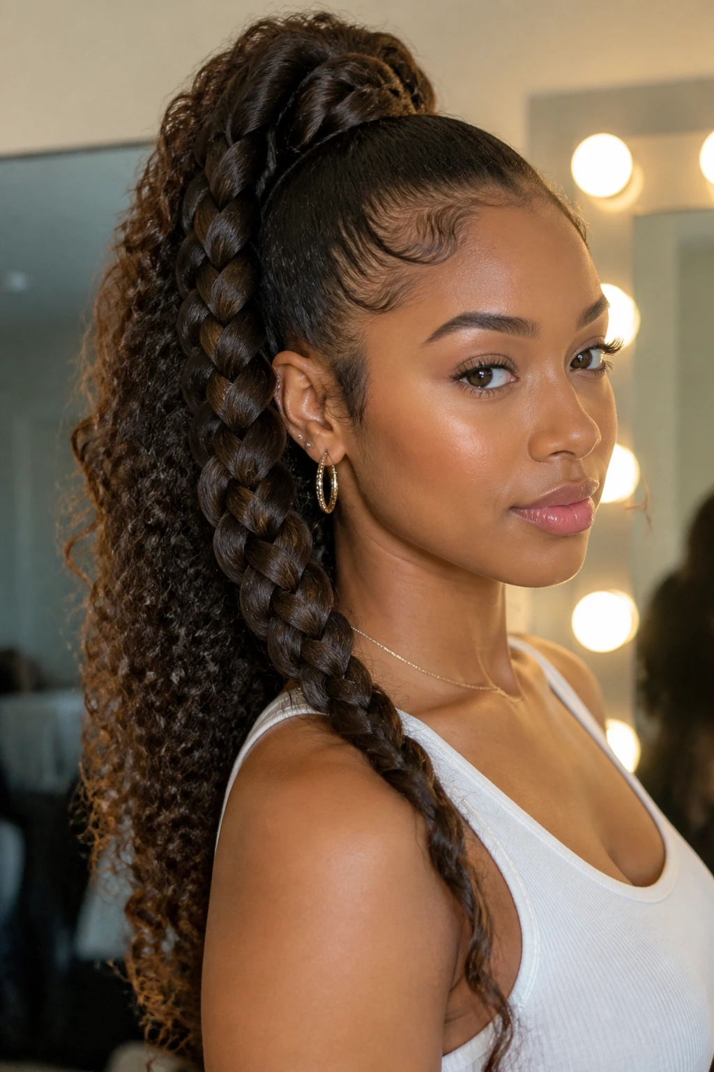 Close-up of real woman with high braided ponytail extensions blending with curls