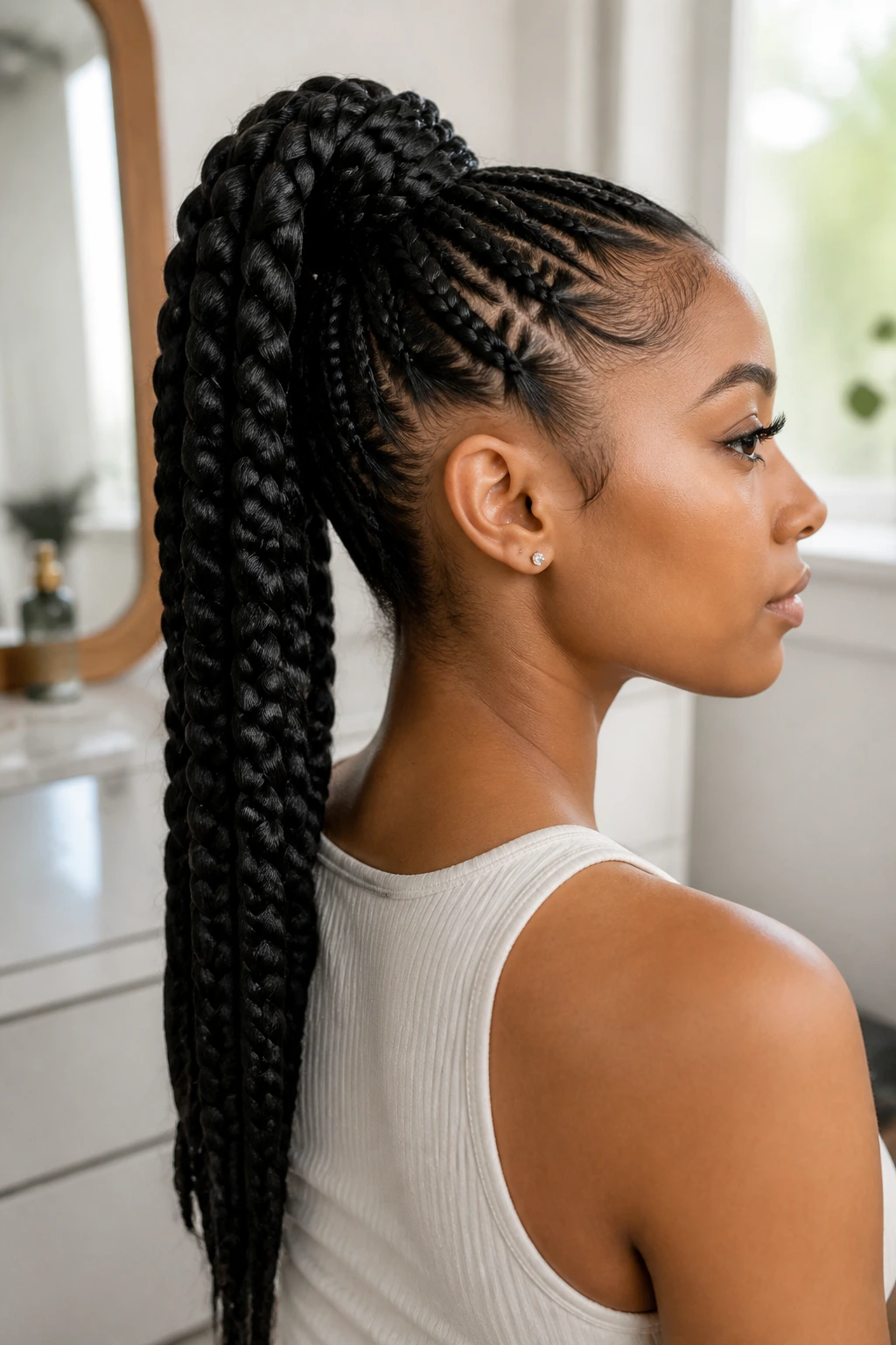 Close-up of a real woman with a high braided ponytail from the side