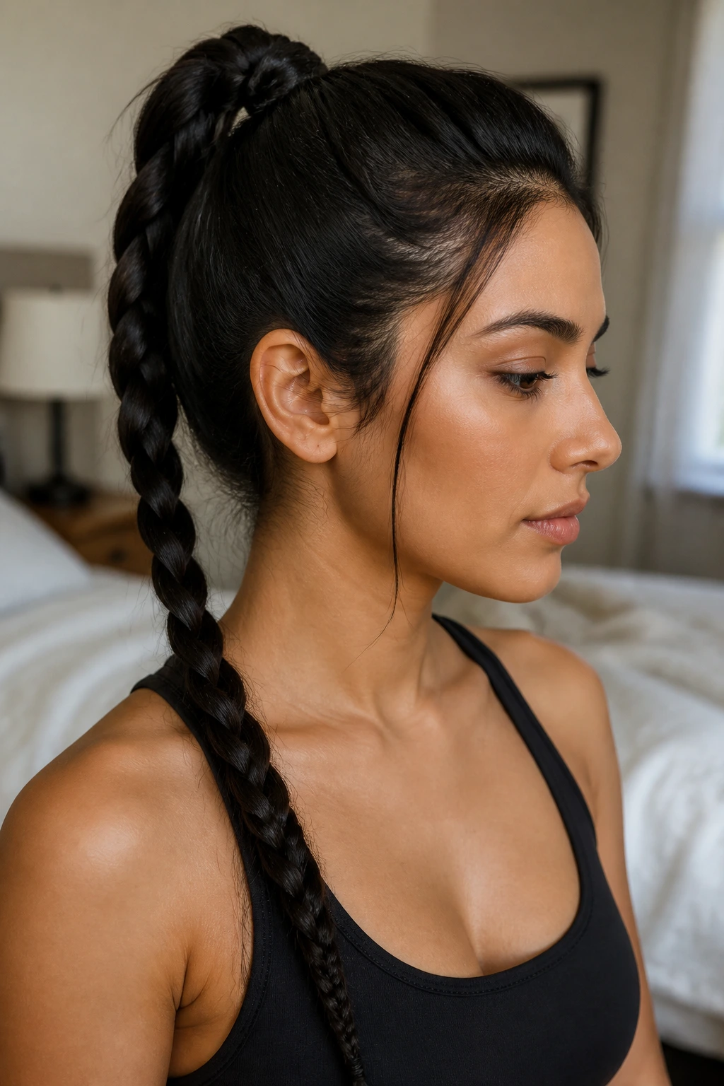 Close-up portrait of a real woman with a braided ponytail hybrid hairstyle in morning light