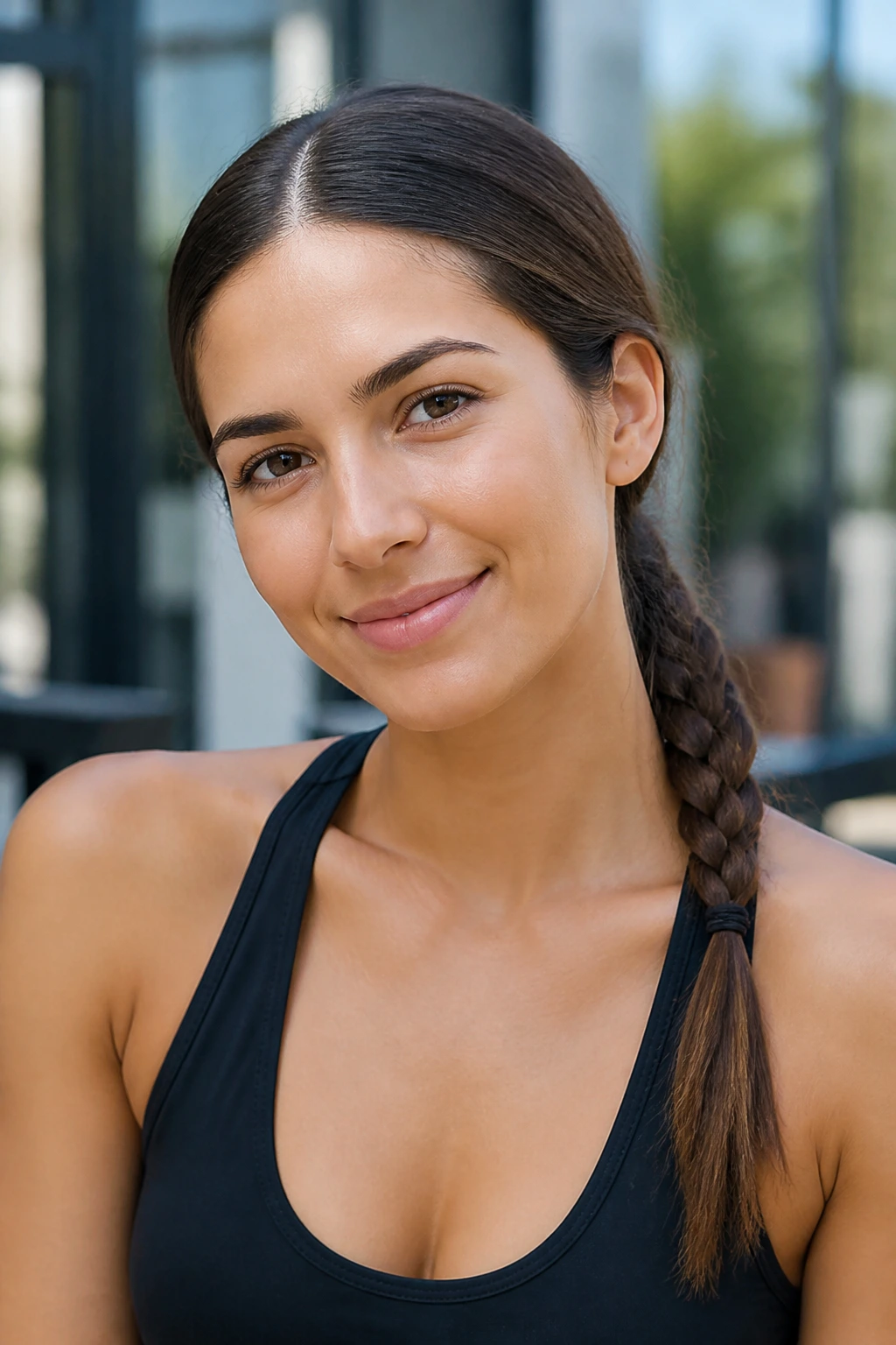 Close-up of a woman with a low pon ytail braided along its length and a middle part.