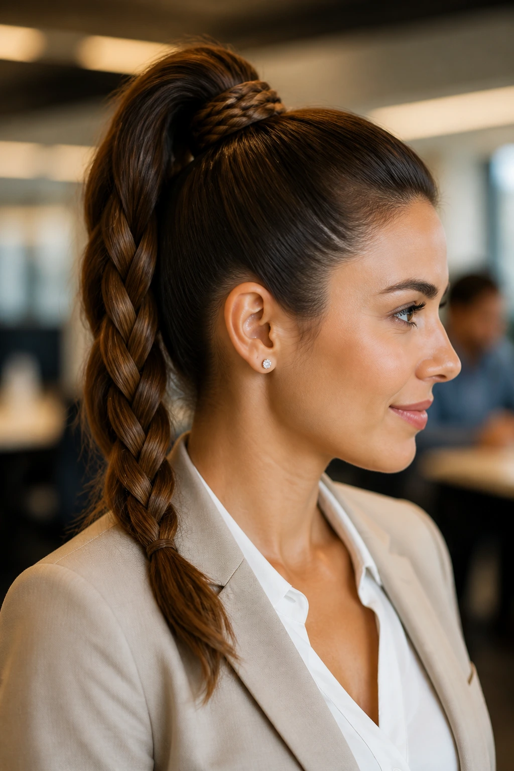 Close-up of a woman with a braided ponytail in an office setting