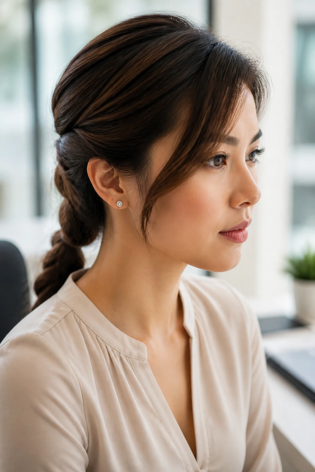 Close-up portrait of a woman with a braided low ponytail and side-part framing