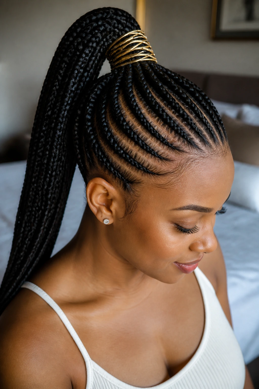 Close-up portrait of a real woman with a crown braided ponytail under natural window light.