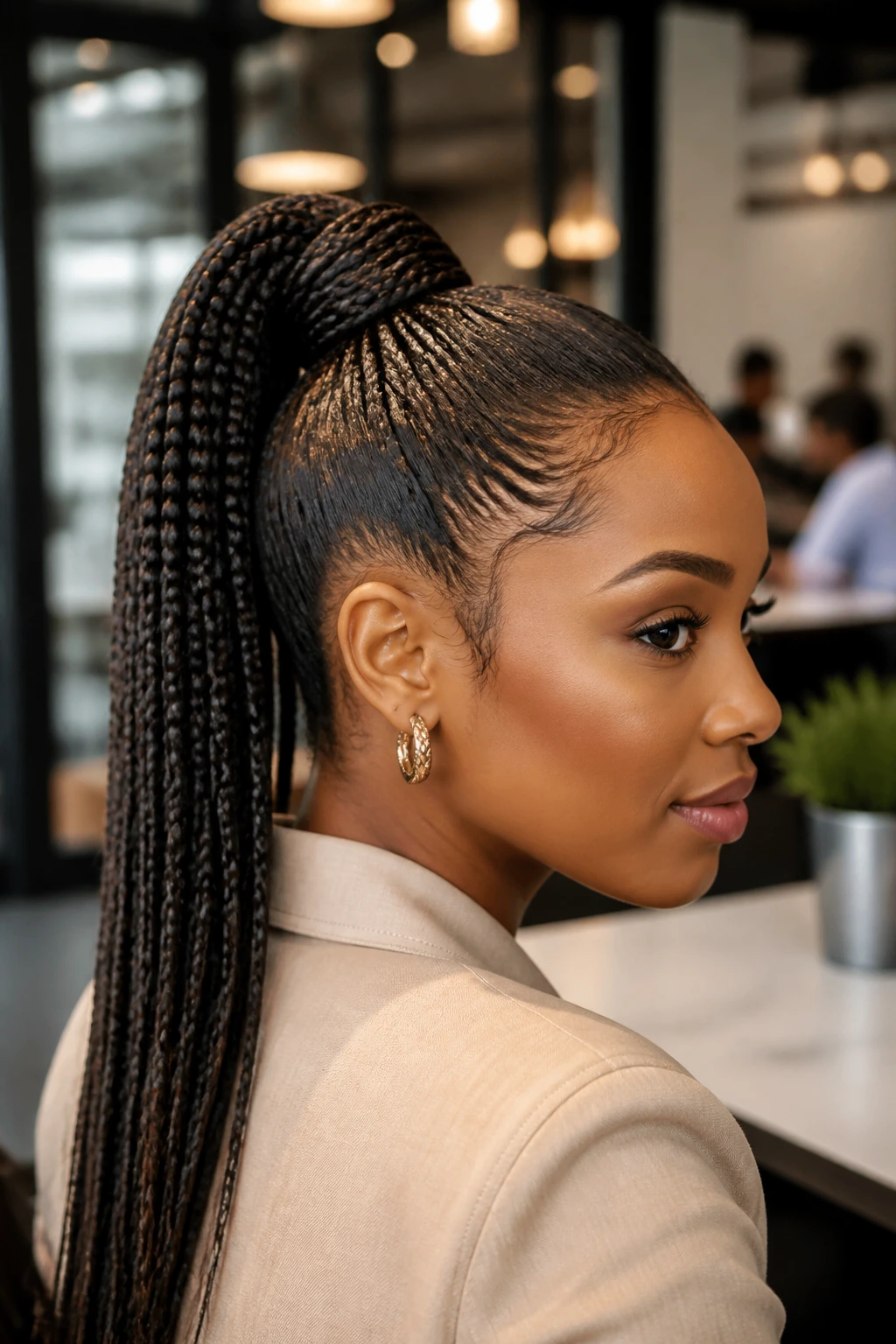 Close-up of a sleek braided ponytail on a real woman in warm light