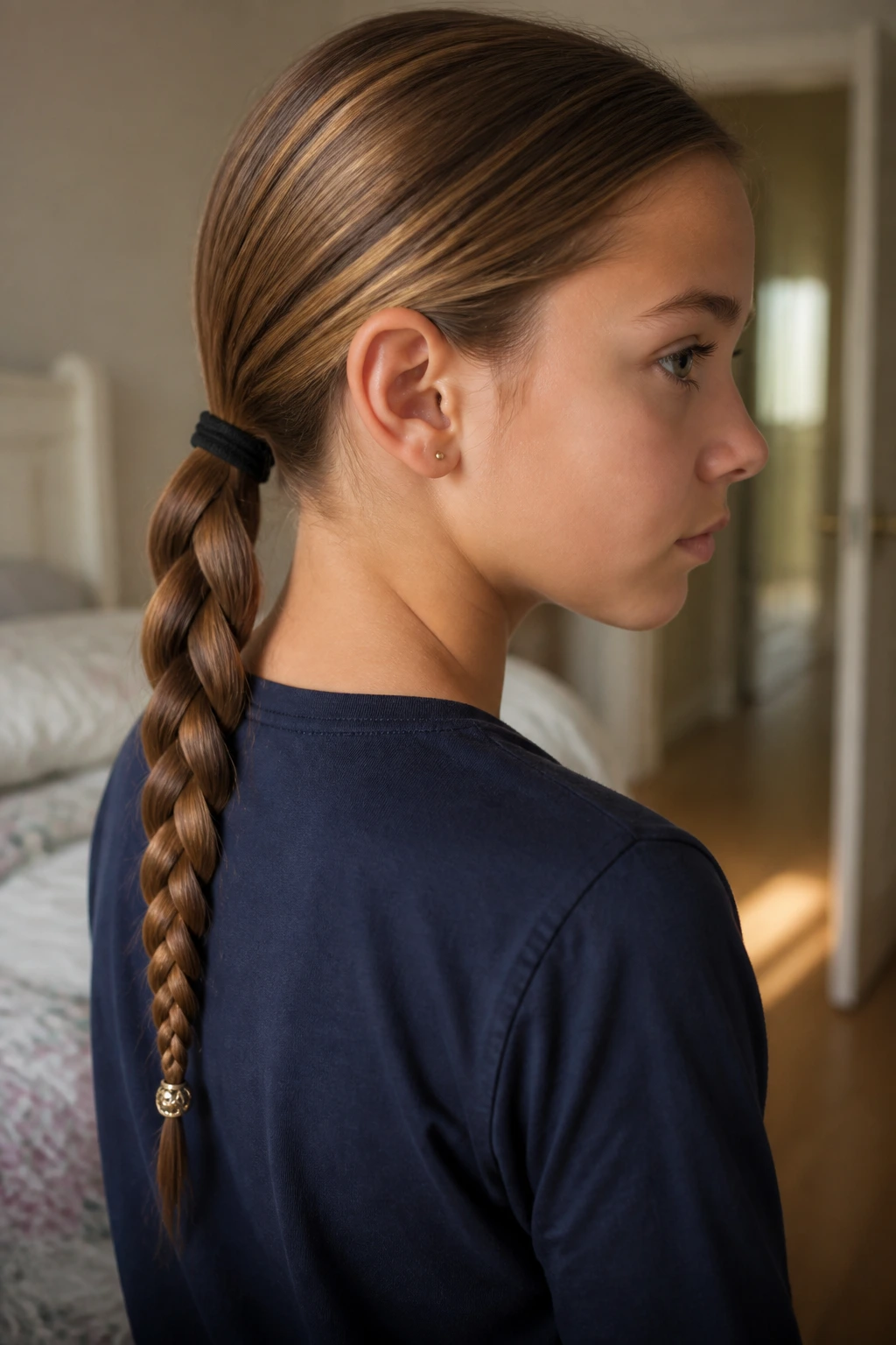 Close-up of a real student with a braided low ponytail and decorative bead at the end